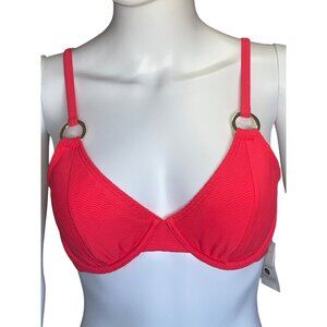 Shade & Shore Coral Ribbed Bikini Top w/ Removable Pads & Gold Ring Accents 34D